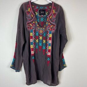 Johnny Was Brown Tunic with Multicolor Embroidery